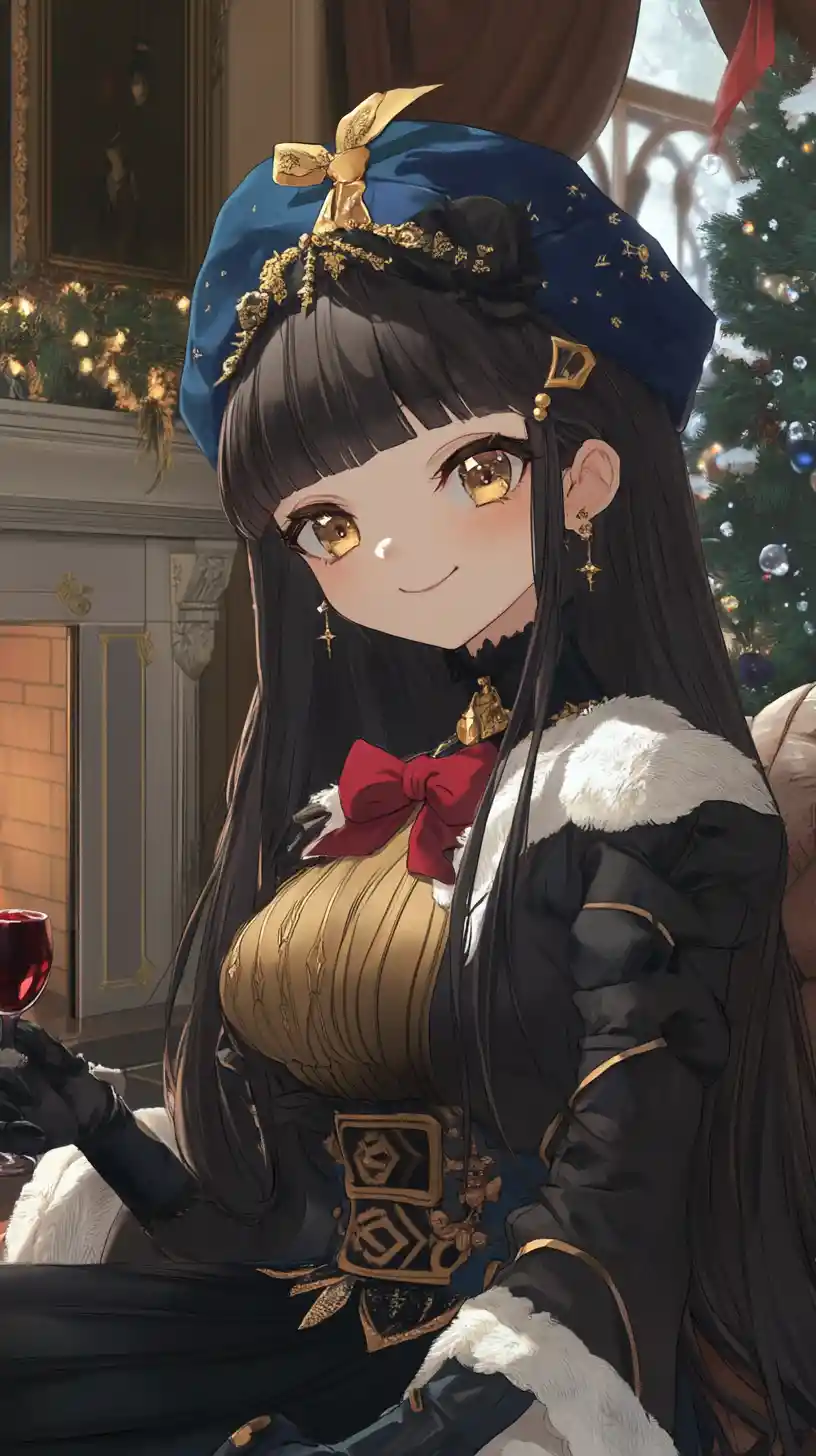 Elegantes Anime-Mädchen in aufwendigem Outfit sitzt in einem Zimmer