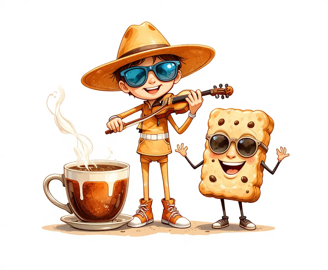 Cartoon-Junge spielt Geige mit lächelndem Kaffee und Keks