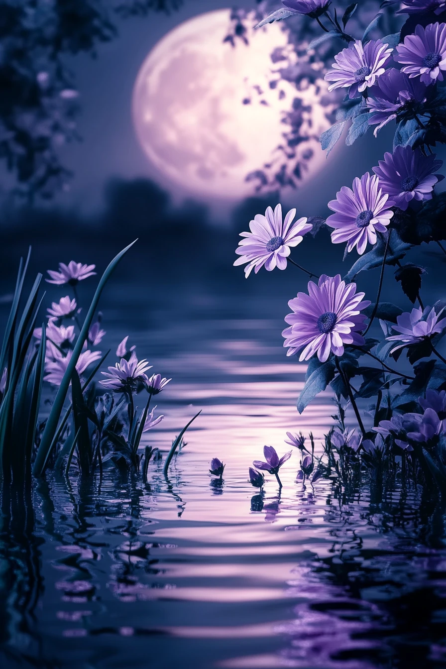 Fleurs au clair de lune se reflétant sur une eau violette paisible