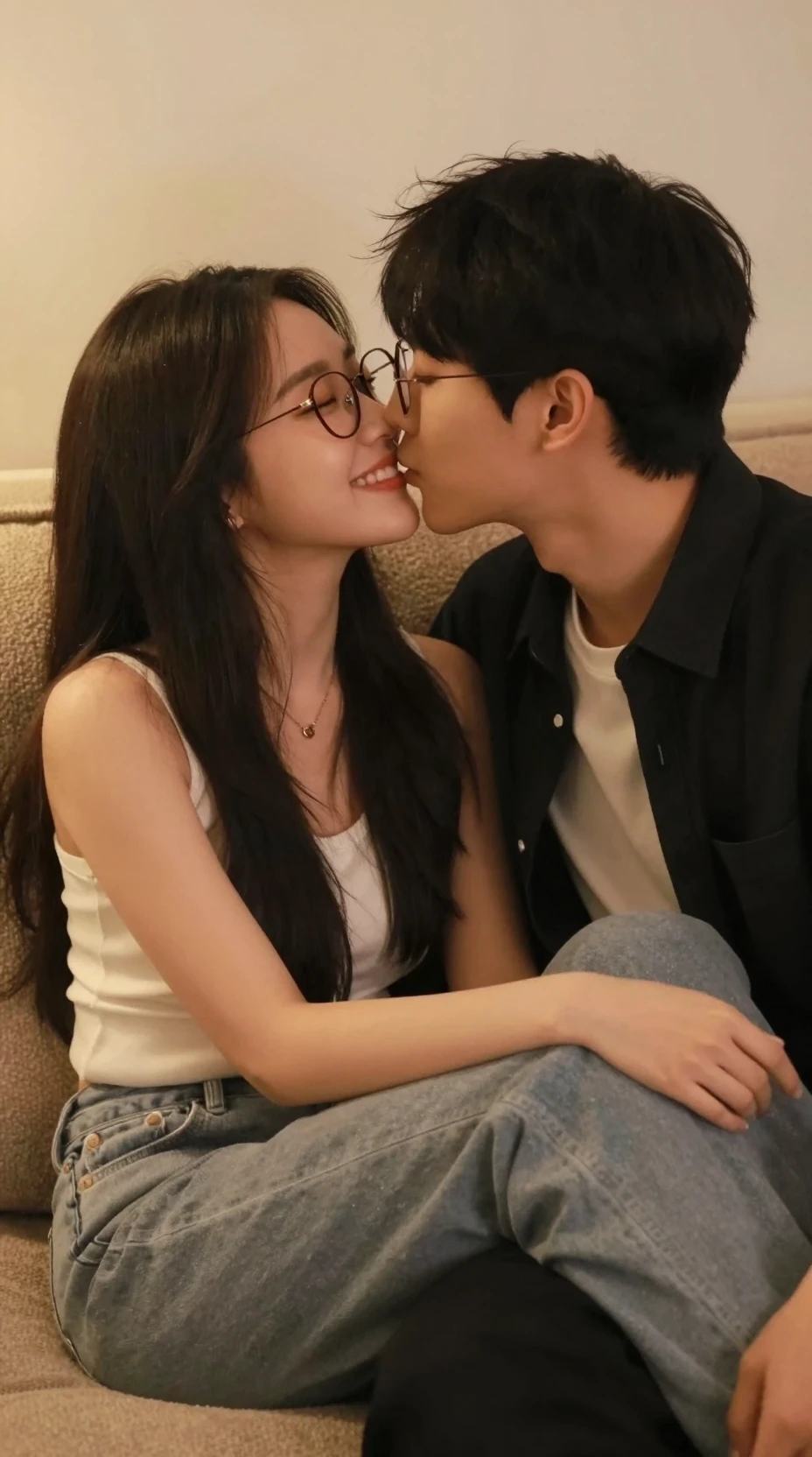 Close-up de jovem casal se beijando em sofá aconchegante na sala de estar