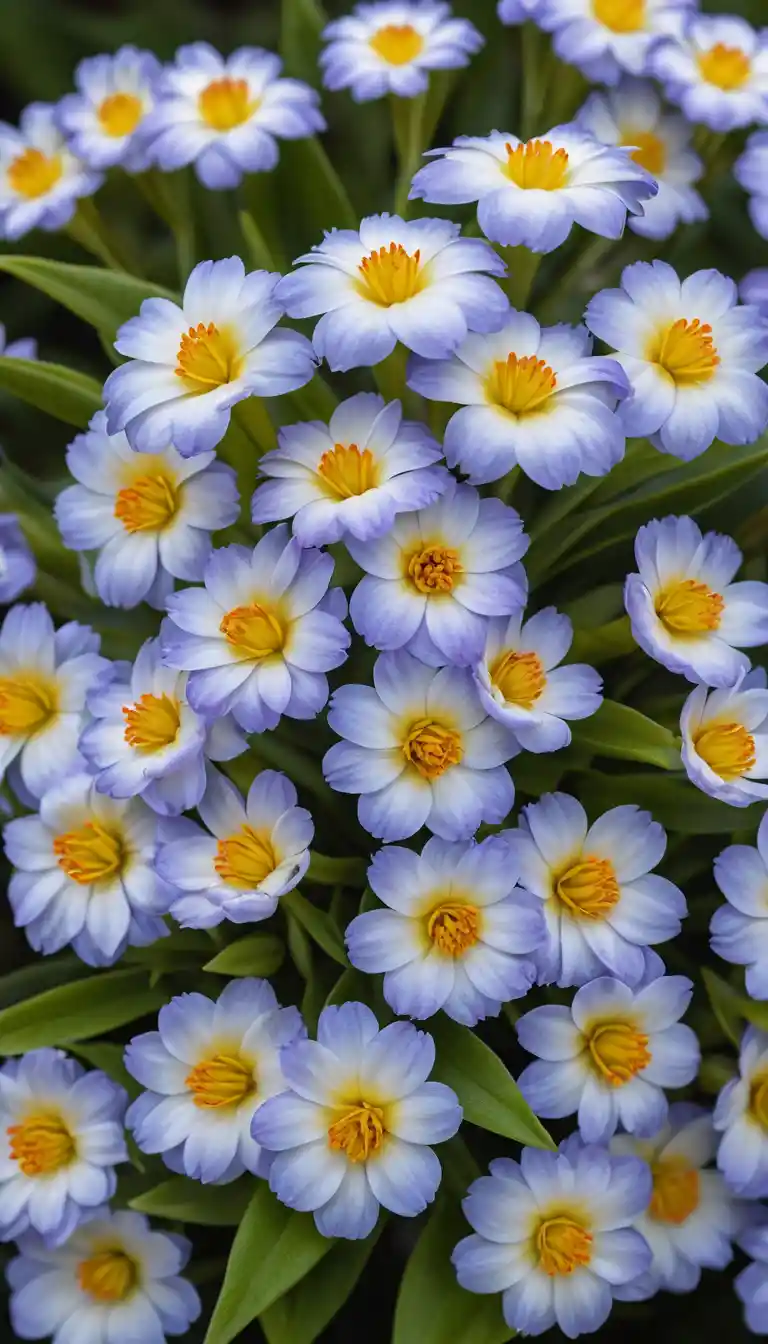 Close de flores em formato de pinguim em uma planta de jardim