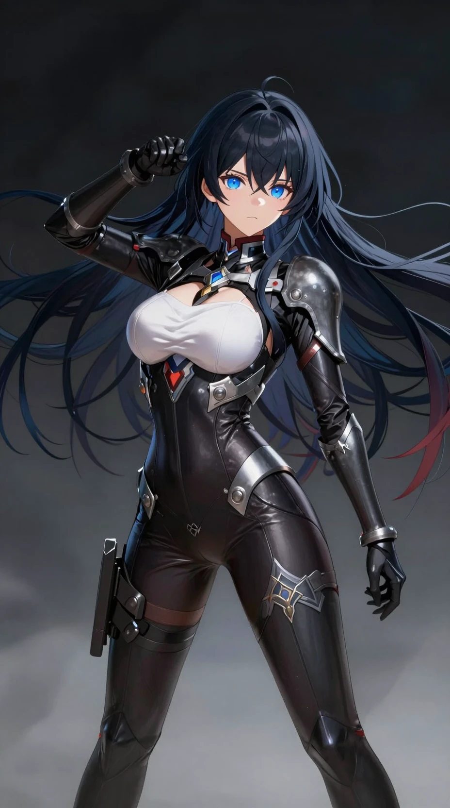 Heroína de anime confiante em armadura corporal futurista elegante