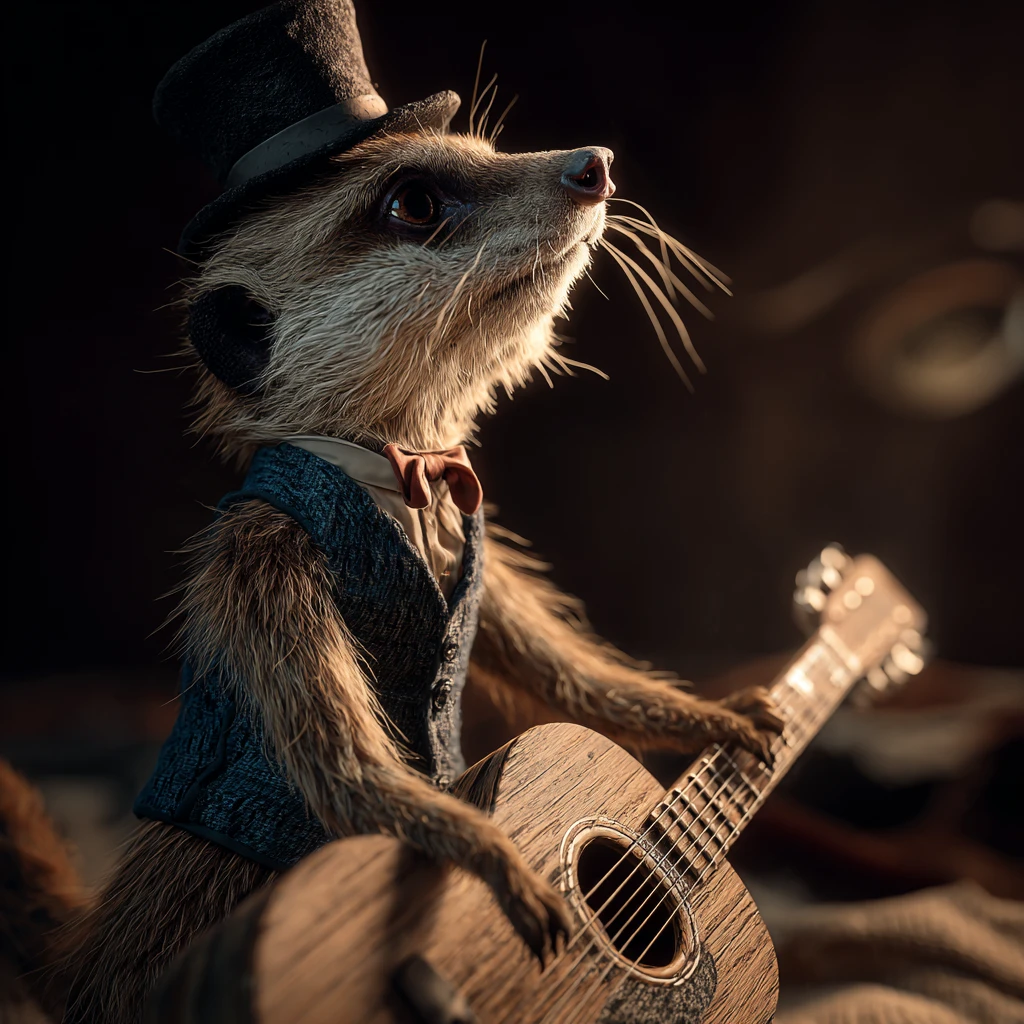 Dapper meerkat in waistcoat balancing on antique guitar