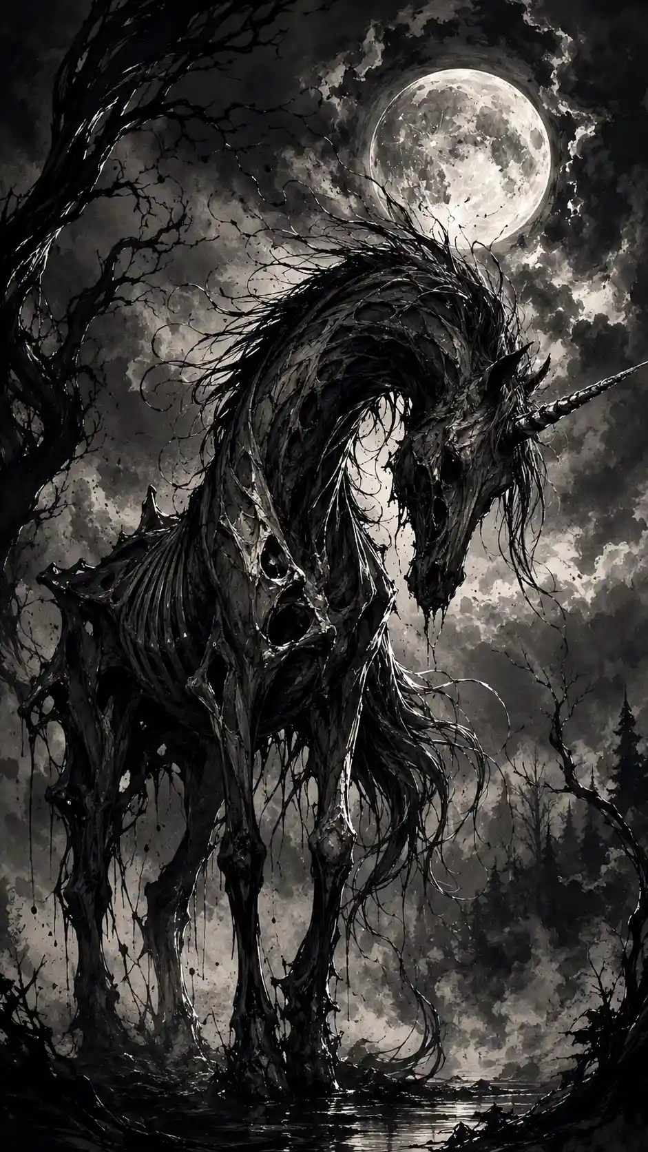 Disegno a inchiostro angolare con dramma gotico distorto in chiaroscuro