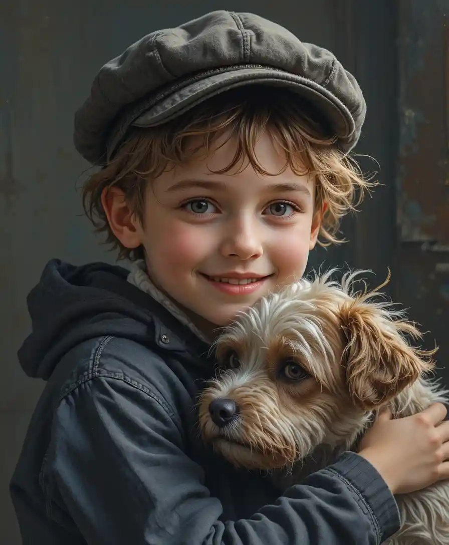 Jeune garçon timide serrant un chien dans une lumière douce et dramatique