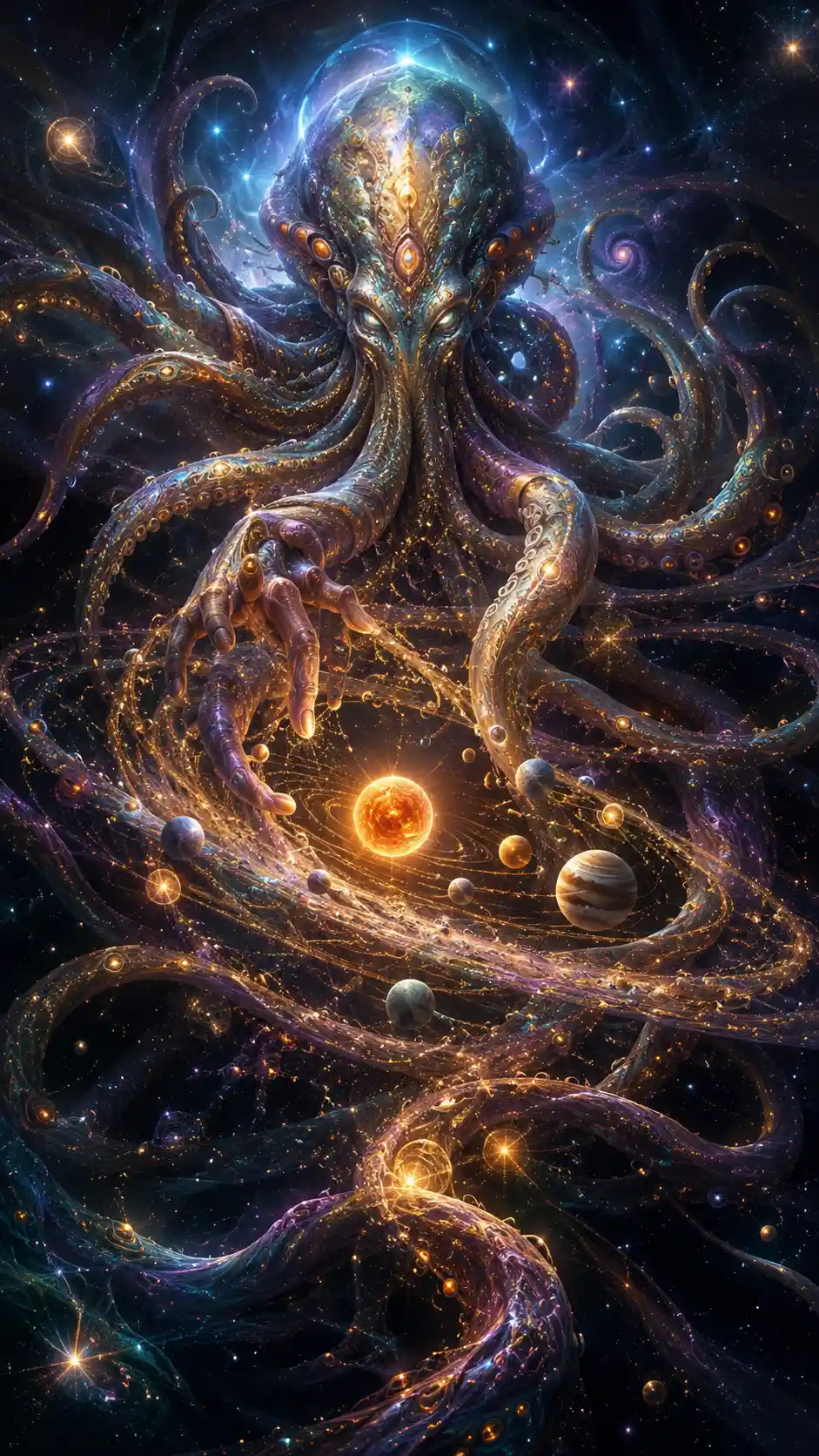 Cosmic alien entity weaving newborn planets from stardust