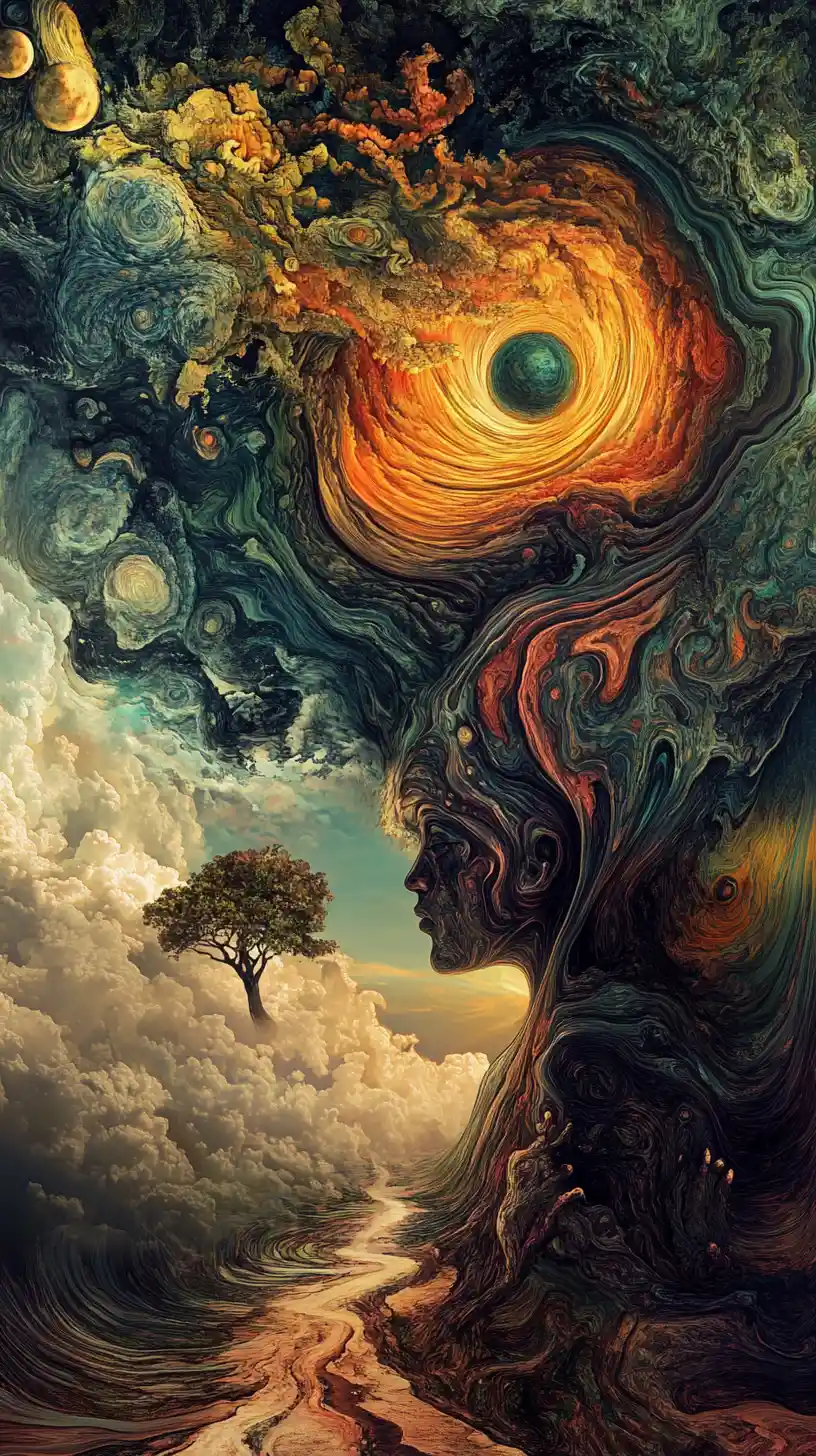 Determined man rising from underground into stormy thunder sky