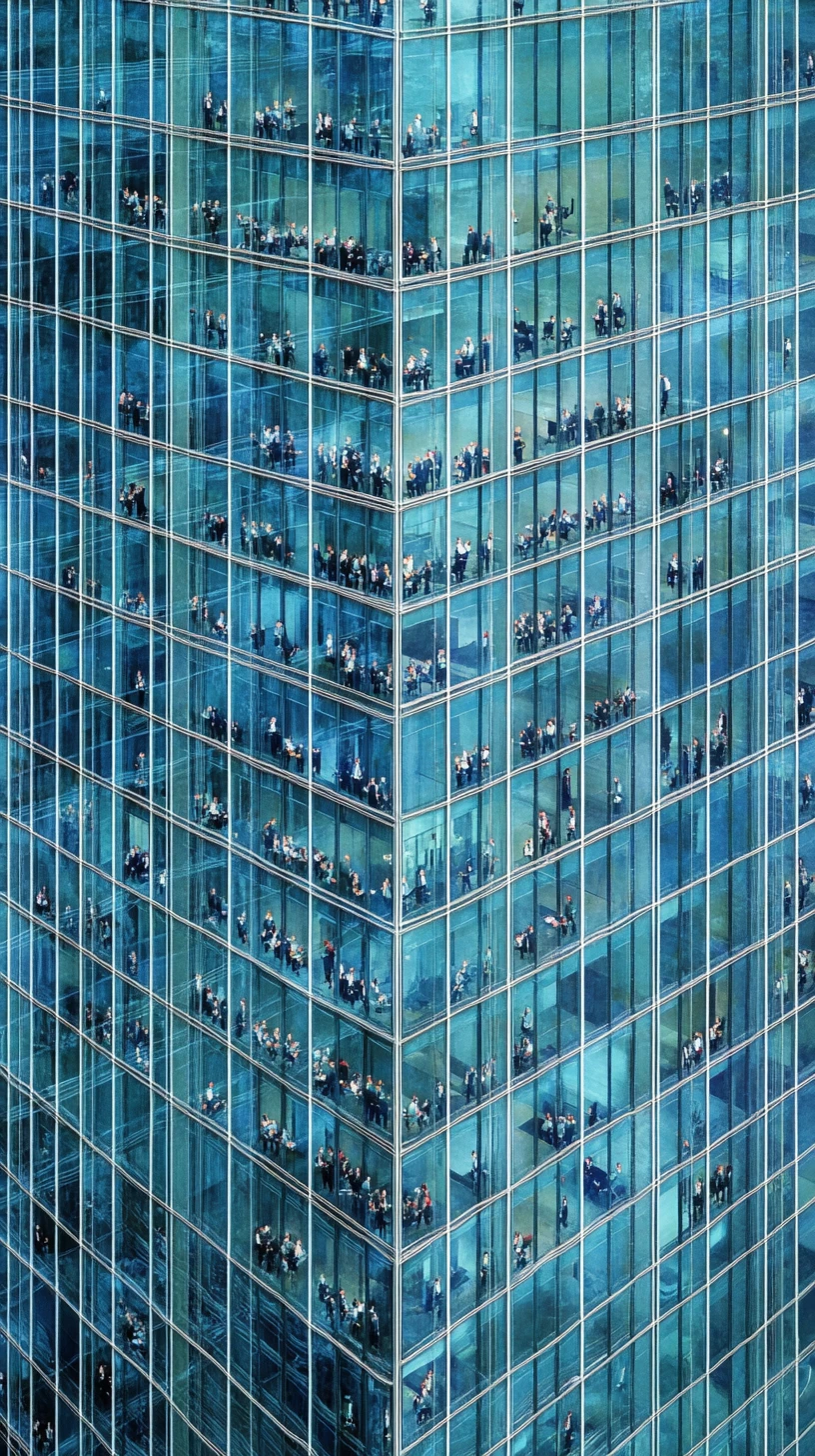 Arranha‑céu de vidro surreal refletindo infinitas salas de reunião corporativas
