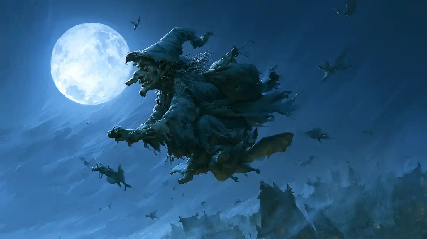 Ancient green witch flying over village in moonlit sky