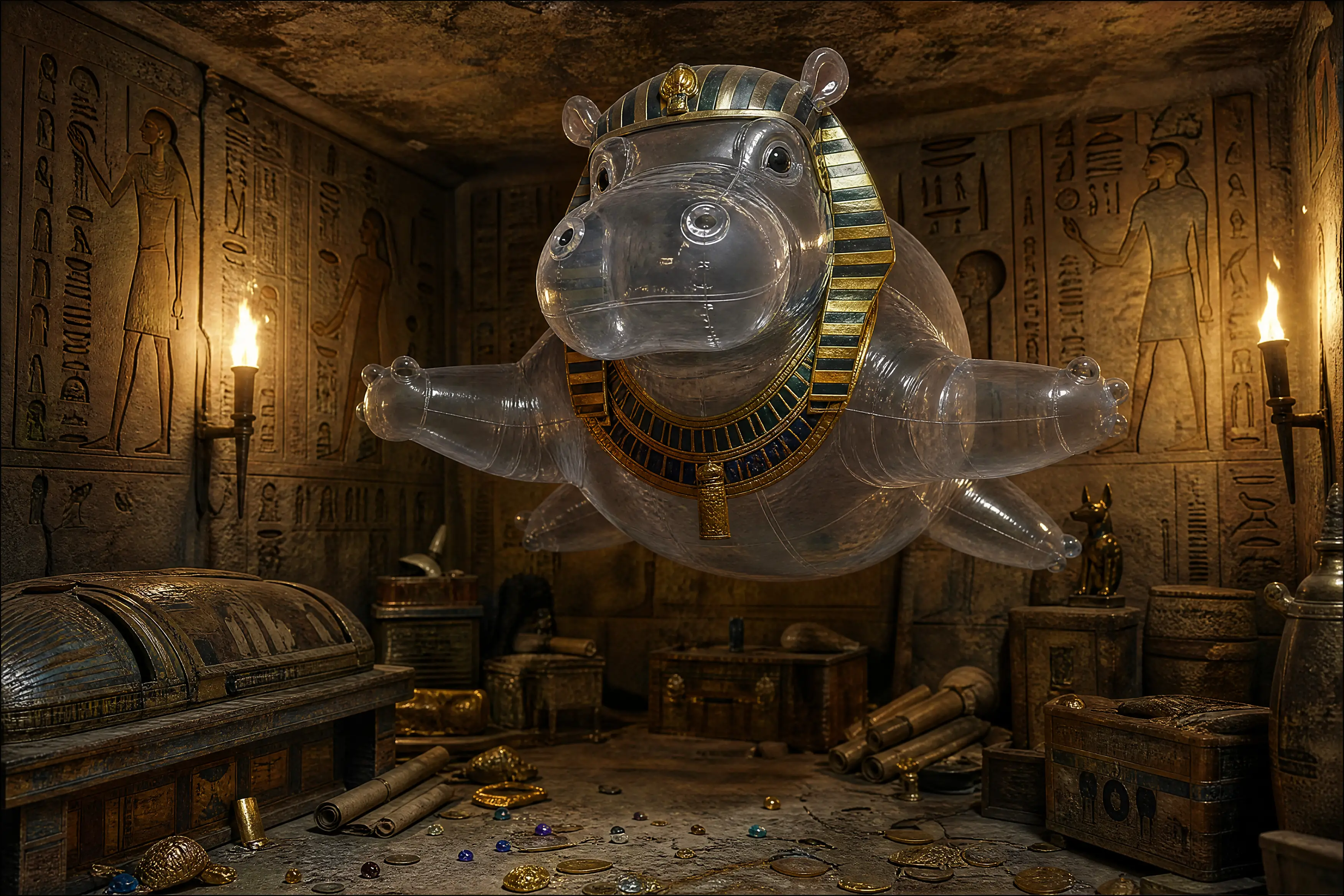 Transparent inflatable hippo in an ancient Egyptian tomb