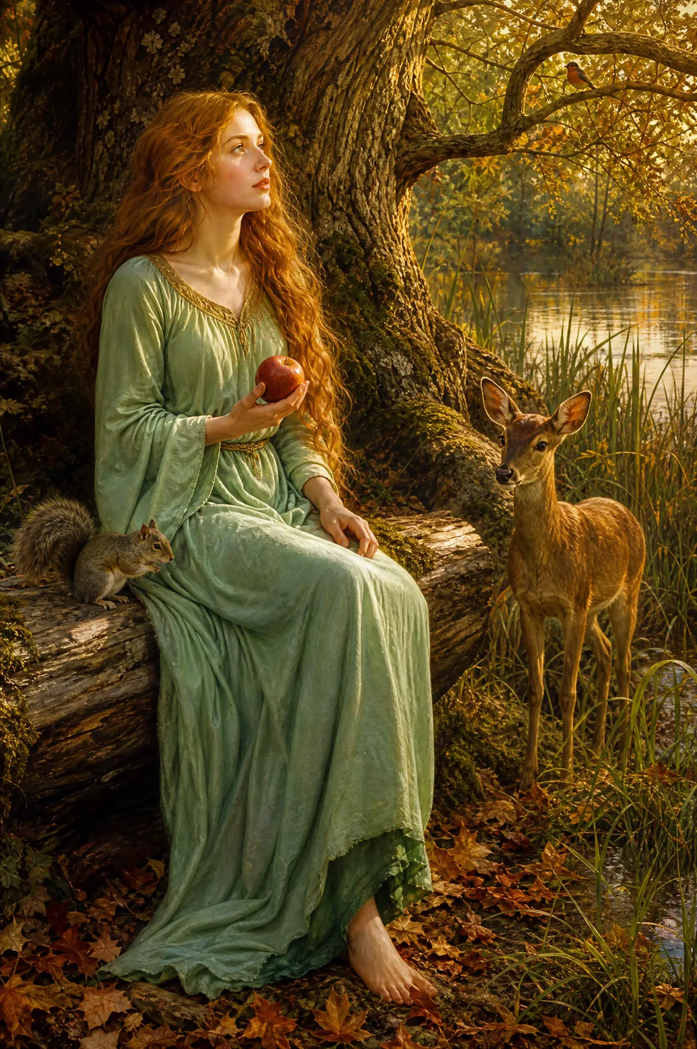 Jeune femme en robe verte au bord d’un lac forestier
