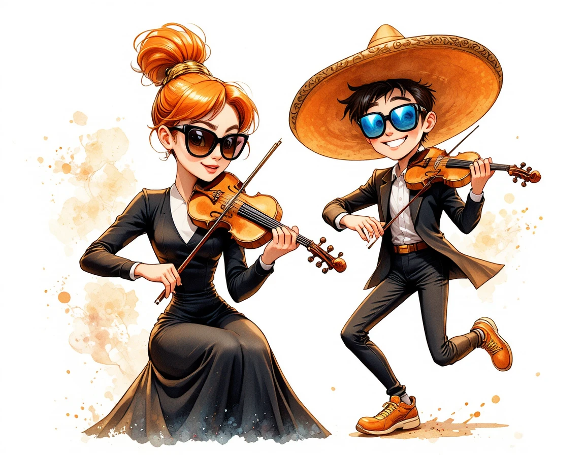 Dúo de dibujos animados tocando violines con alegre energía musical