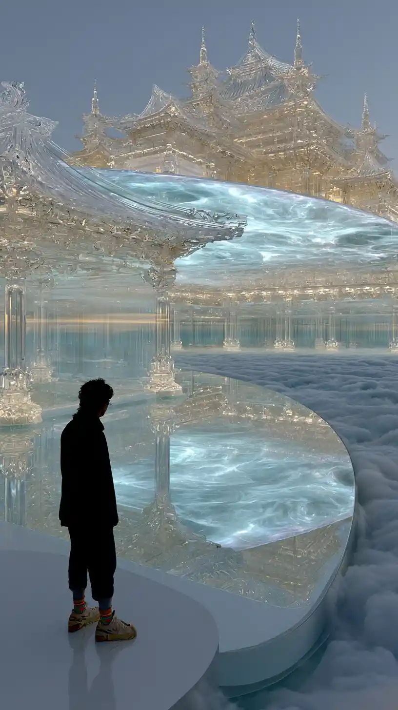 Figura solitária contemplando palácio celeste de cristal nas nuvens