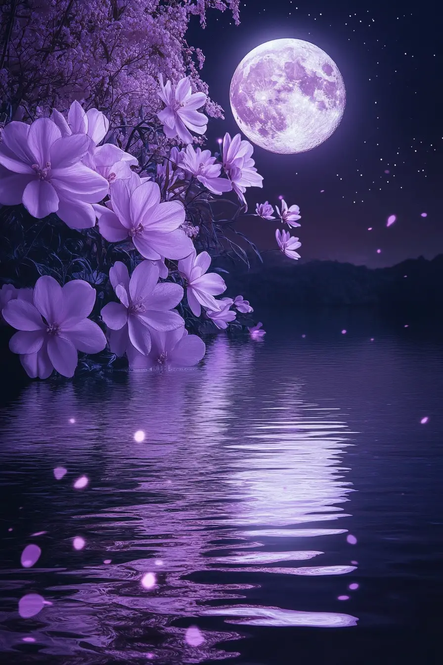 Fleurs au clair de lune reflétées sur une paisible berge de lac violette