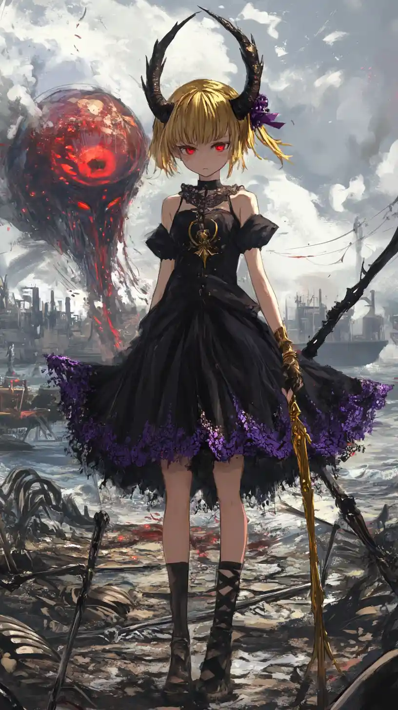 黒いドレスを着た金髪お団子ヘアのアニメ少女