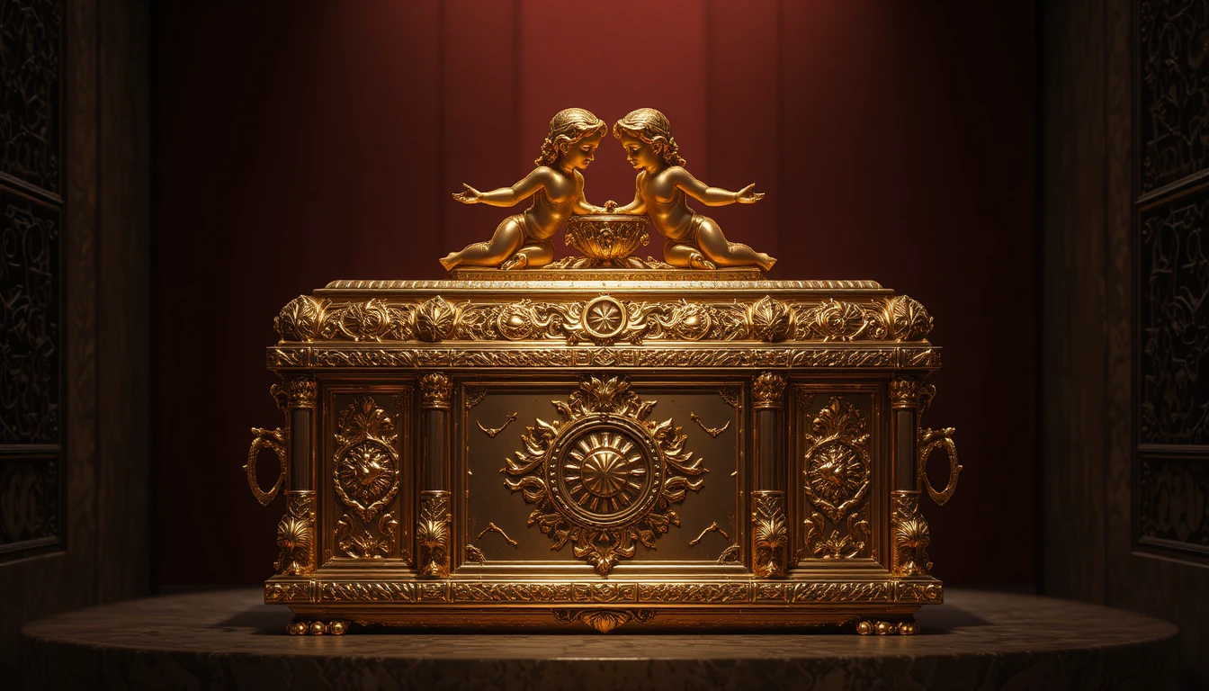 Golden ark like chest with cherubim on dark surface