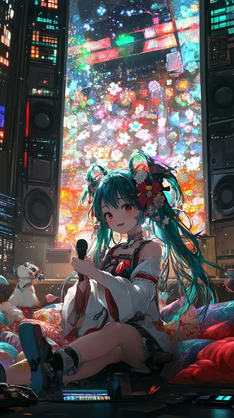 Anime girl singing on a futuristic concert stage