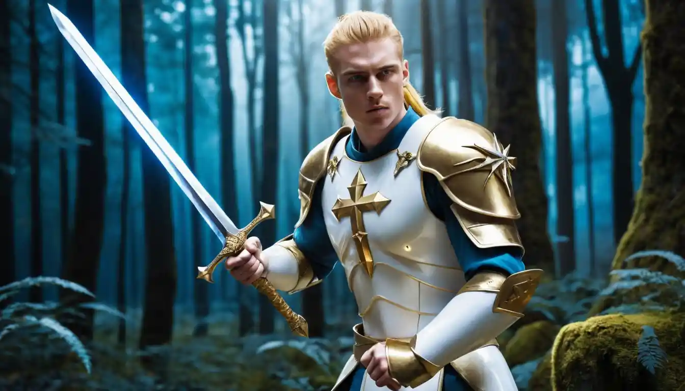 Guerrier en armure dorée dans une forêt de cristaux bleus lumineux