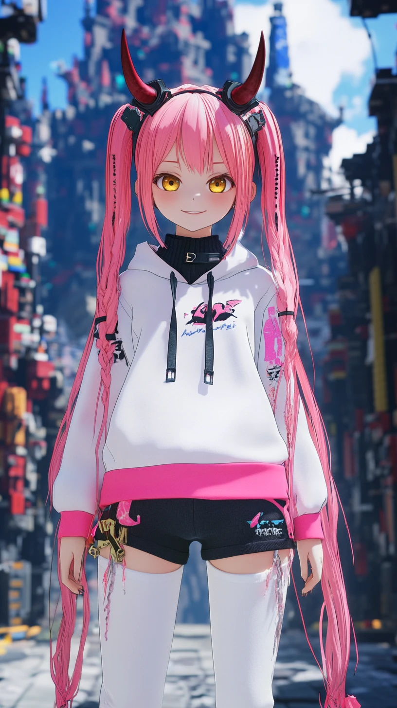 Fille d’anime souriante avec une corne dans un monde Lego fantastique