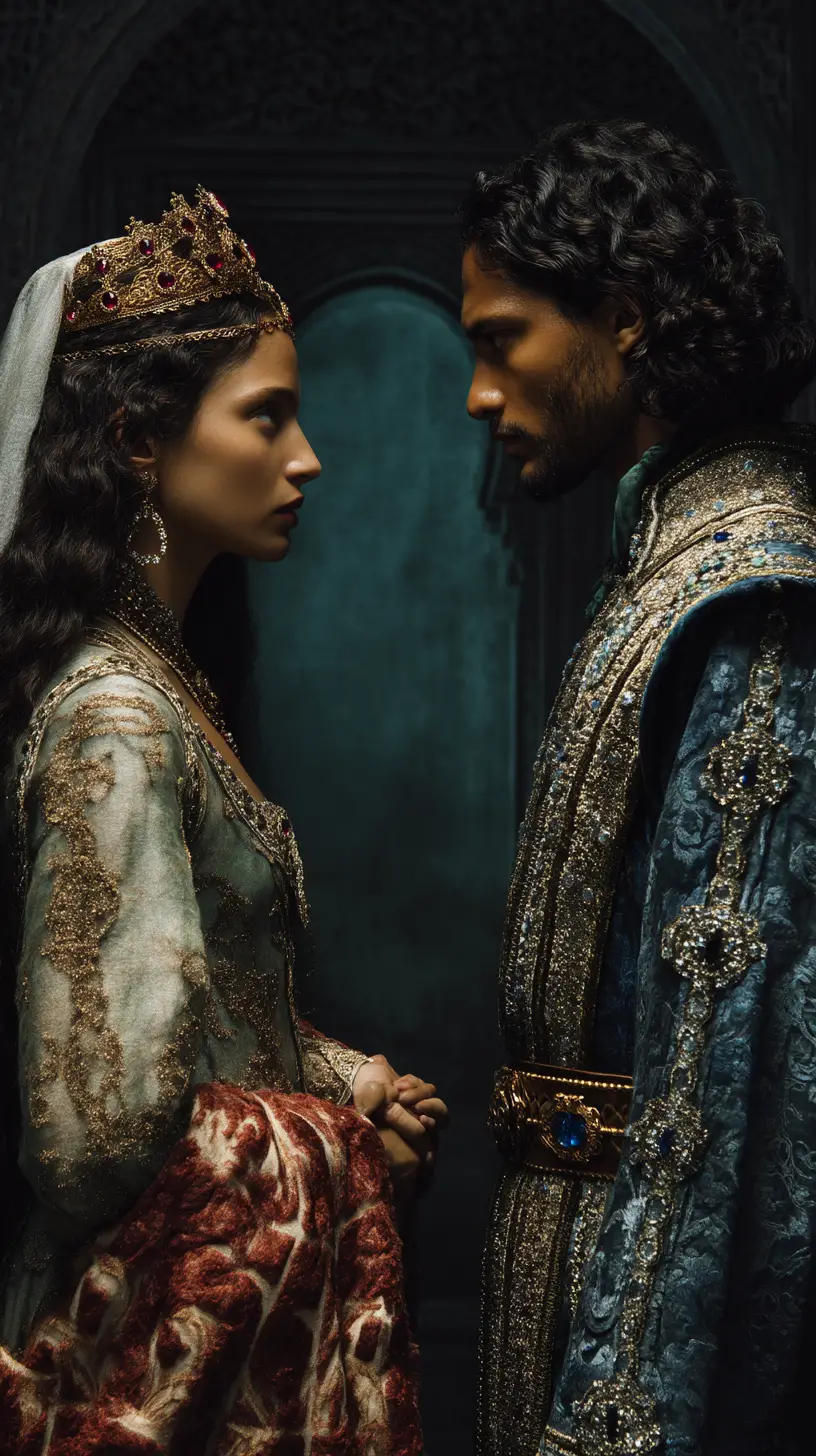 Couple royal se tendant la main dans un sombre couloir de palais