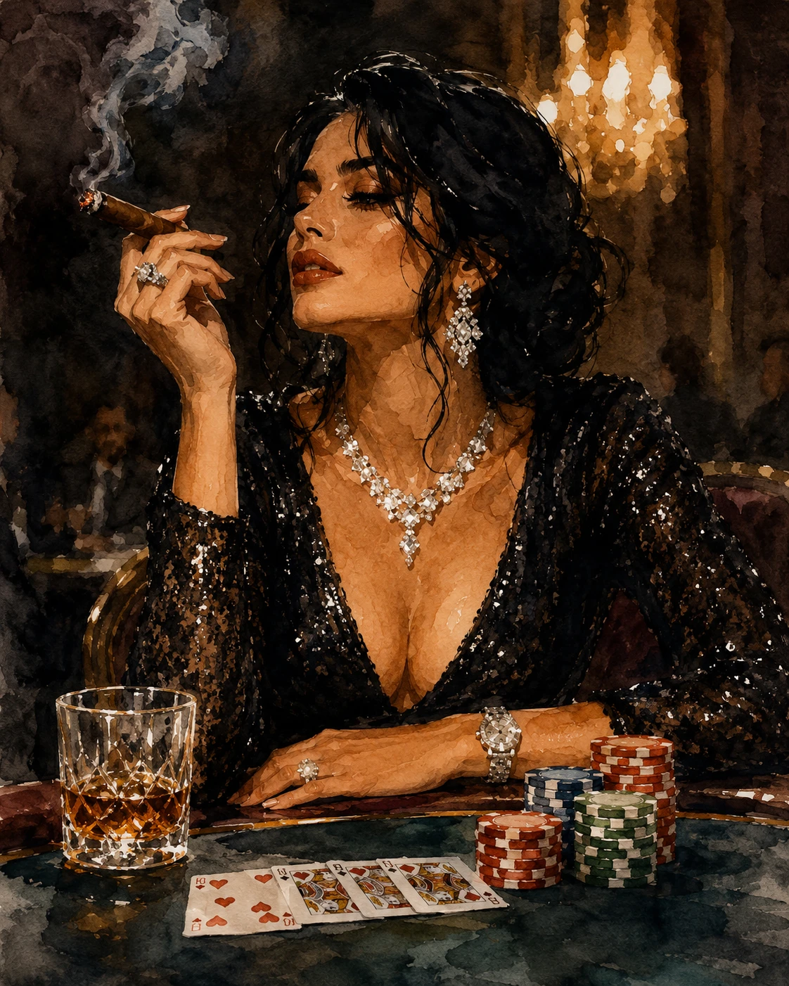Mulher elegante fumando em um luxuoso cassino em cena em aquarela