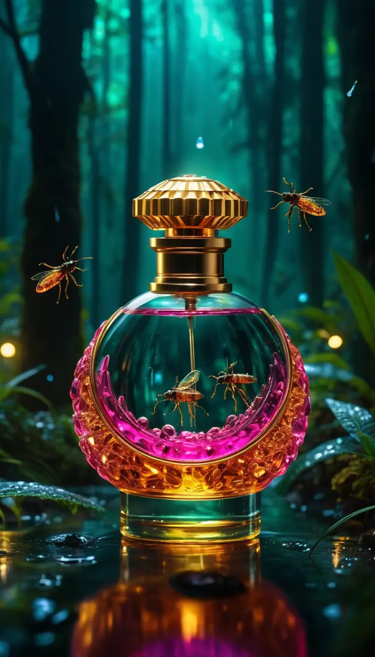 Surreal perfume bottle glowing in a rainy tropical forest