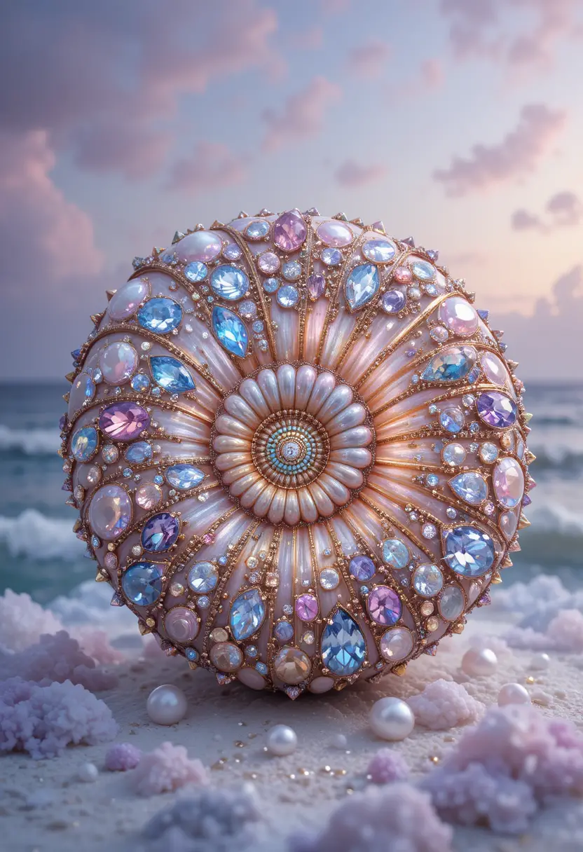 Jewelled nautilus shell on soft pastel ocean sky background