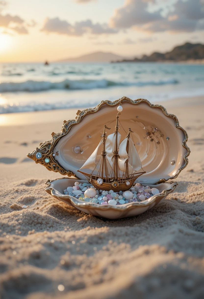 Gemstone seashell with tiny schooner on sunset beach