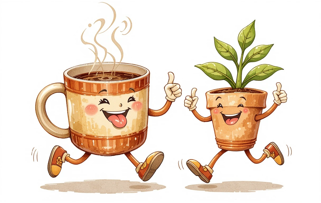 遊び心あふれる走るコーヒーマグと鉢植えキャラクター