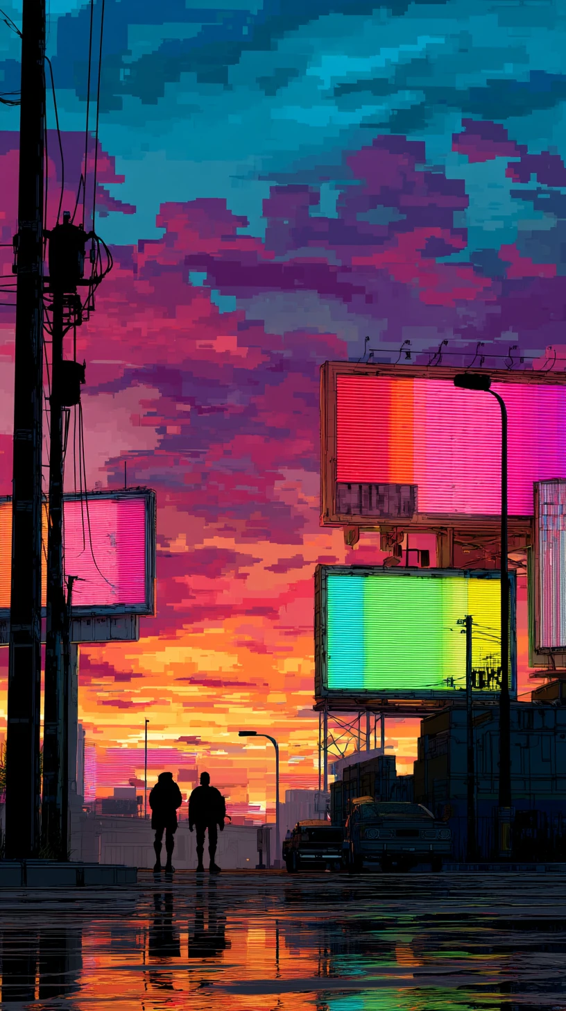 Cena de lanchonete pixel neo-retro ao anoitecer na cidade