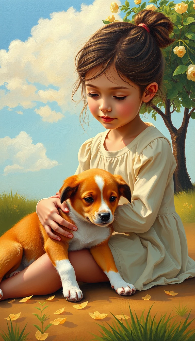 子どもが子犬とくつろぐ穏やかなファンタジー絵画