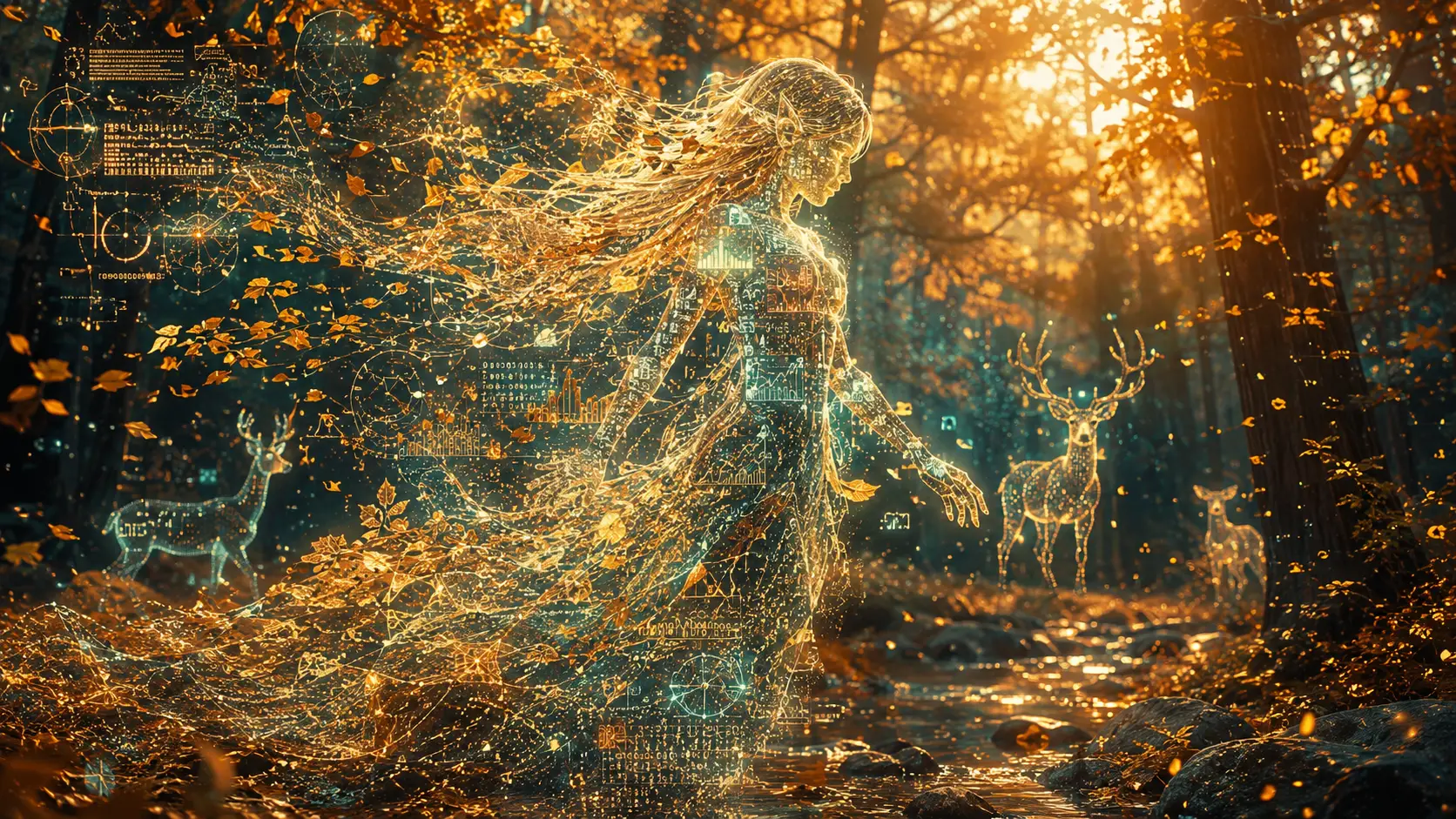 Ethereal woodland spirit wandering through a golden enchanted forest