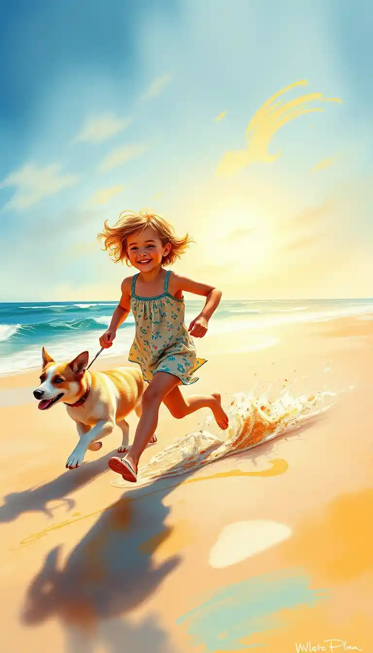 Bambino che corre sulla spiaggia con un cagnolino felice