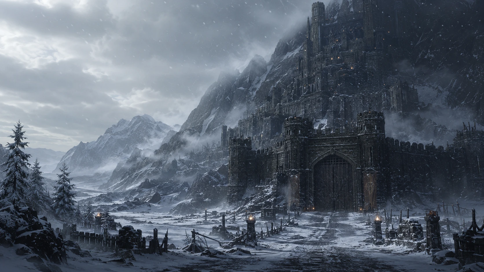 Vast snowy valley with a dark medieval mountain castle
