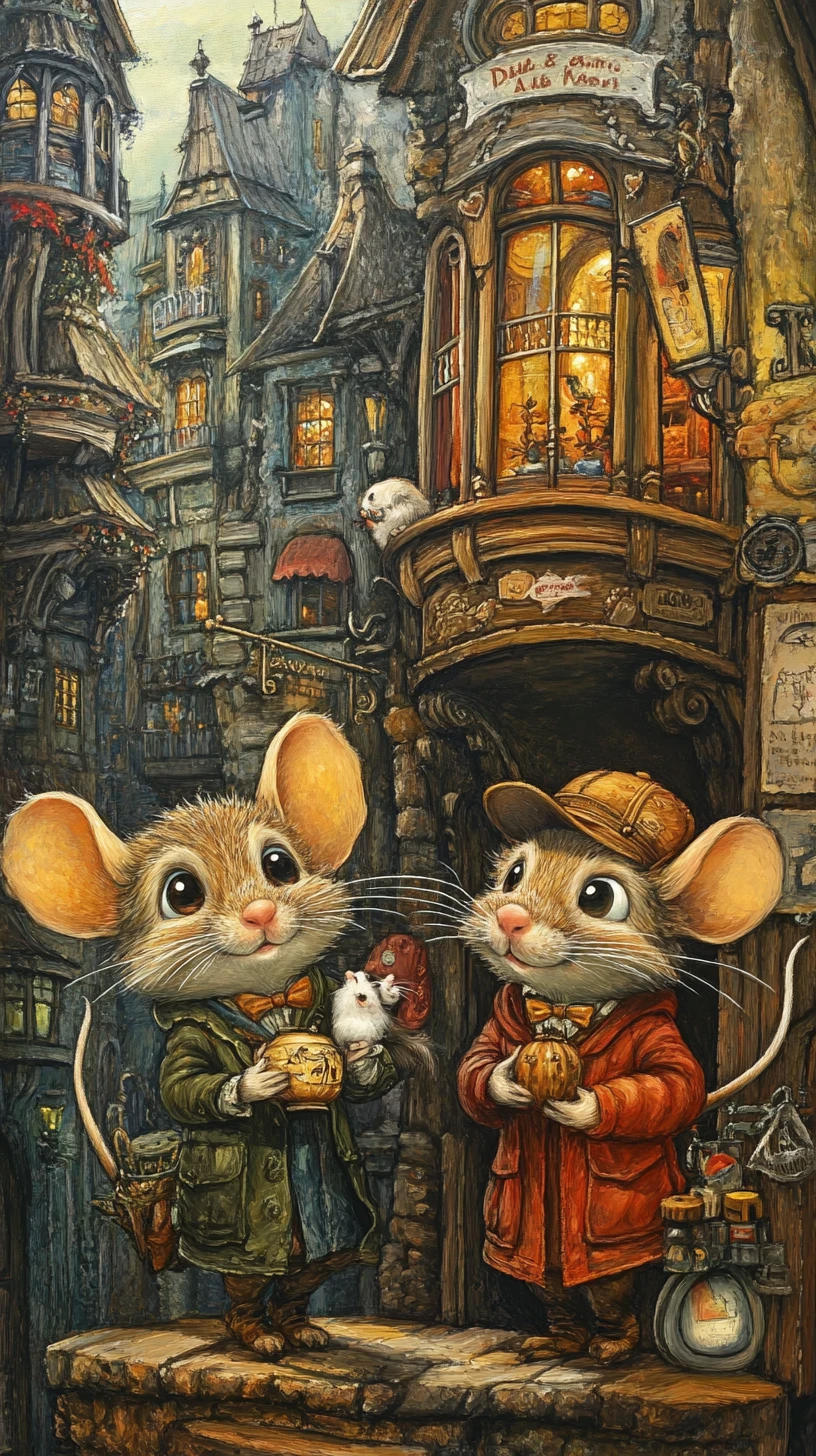 Cartoon mouse characters exploring a colorful city street