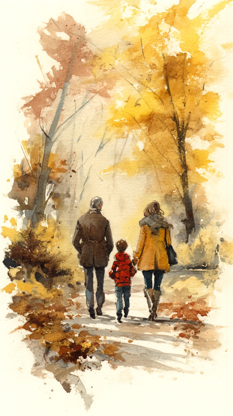 Watercolor family walking together on an autumn park path