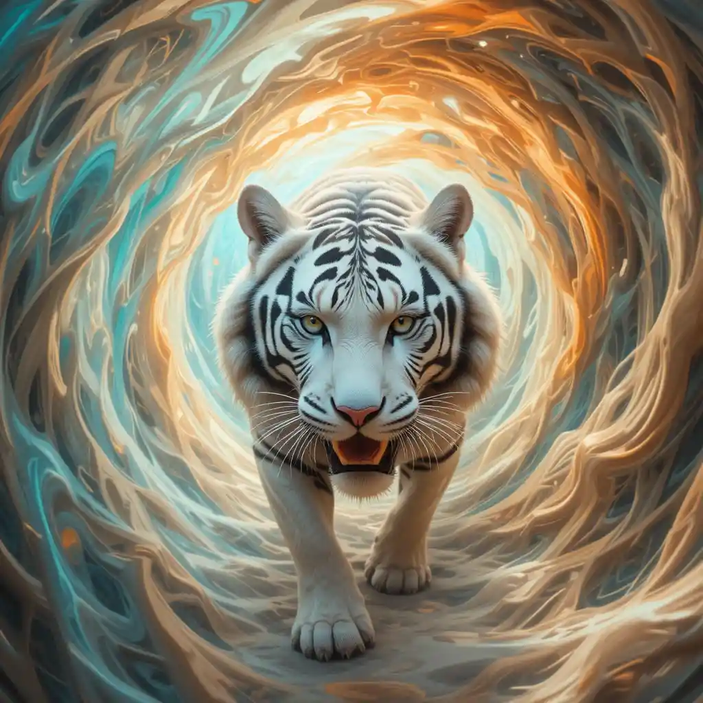 Weißer Tiger wirbelt durch ein leuchtendes Dimensionstor