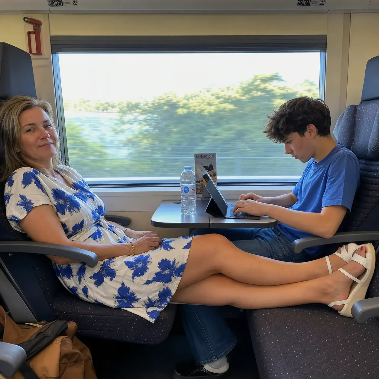 Donna che si riposa sul sedile del treno con le gambe distese