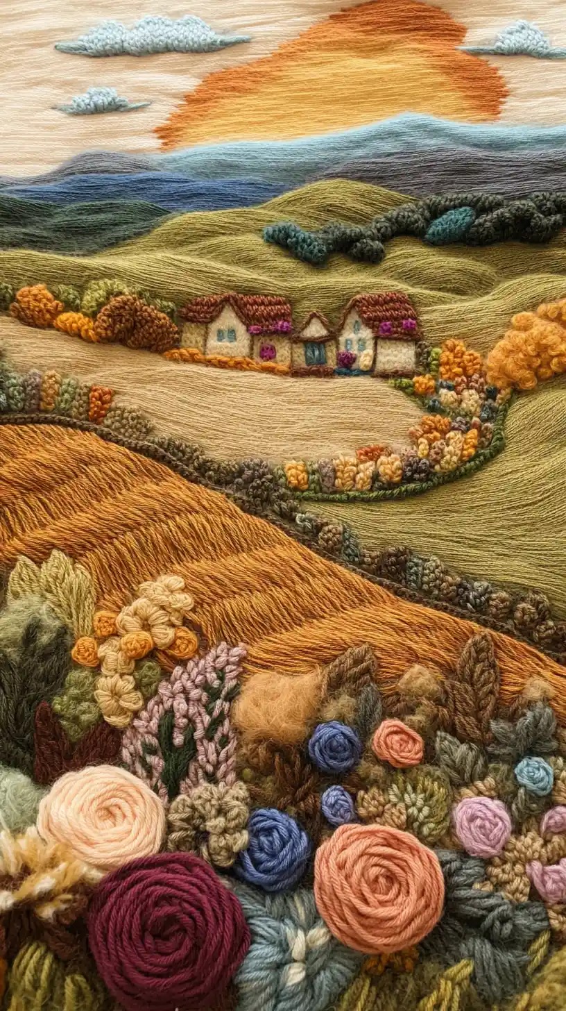 Gehäkelte Landschaft auf dem Land mit Häuschen und Sonnenuntergangshimmel