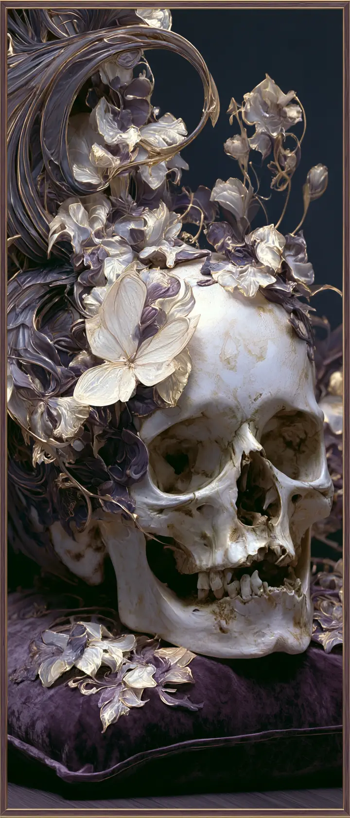 Verzierter Schädel mit verwelkenden Blumenmotiven auf Samtkissen