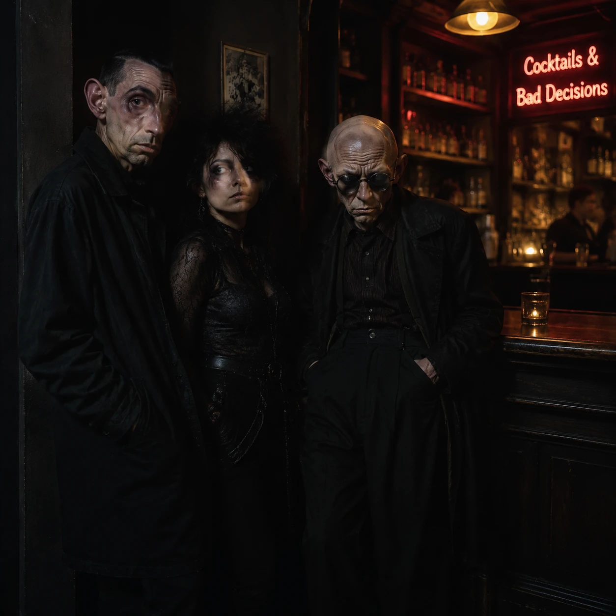 Three people gathered together in the shadows of a bar