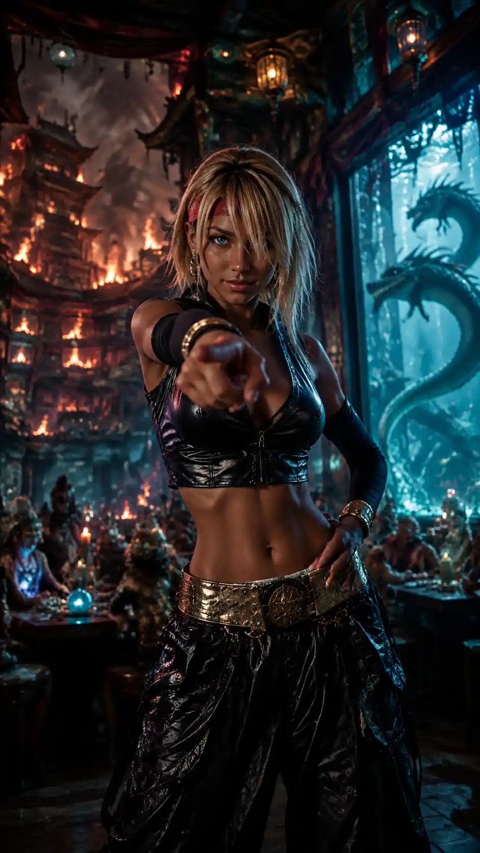 Defiant woman in ruins within an underwater tavern
