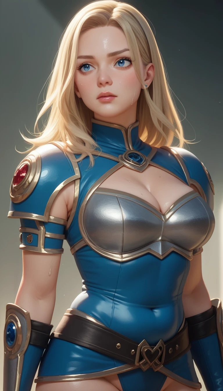 Heroína rubia de anime sensual con armadura y tatuajes