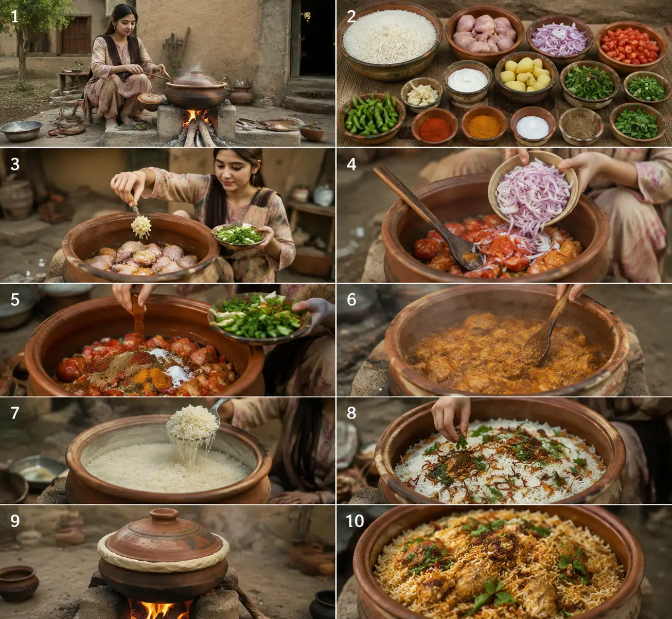 パキスタンの村の少女が素朴な屋外キッチンで料理する様子
