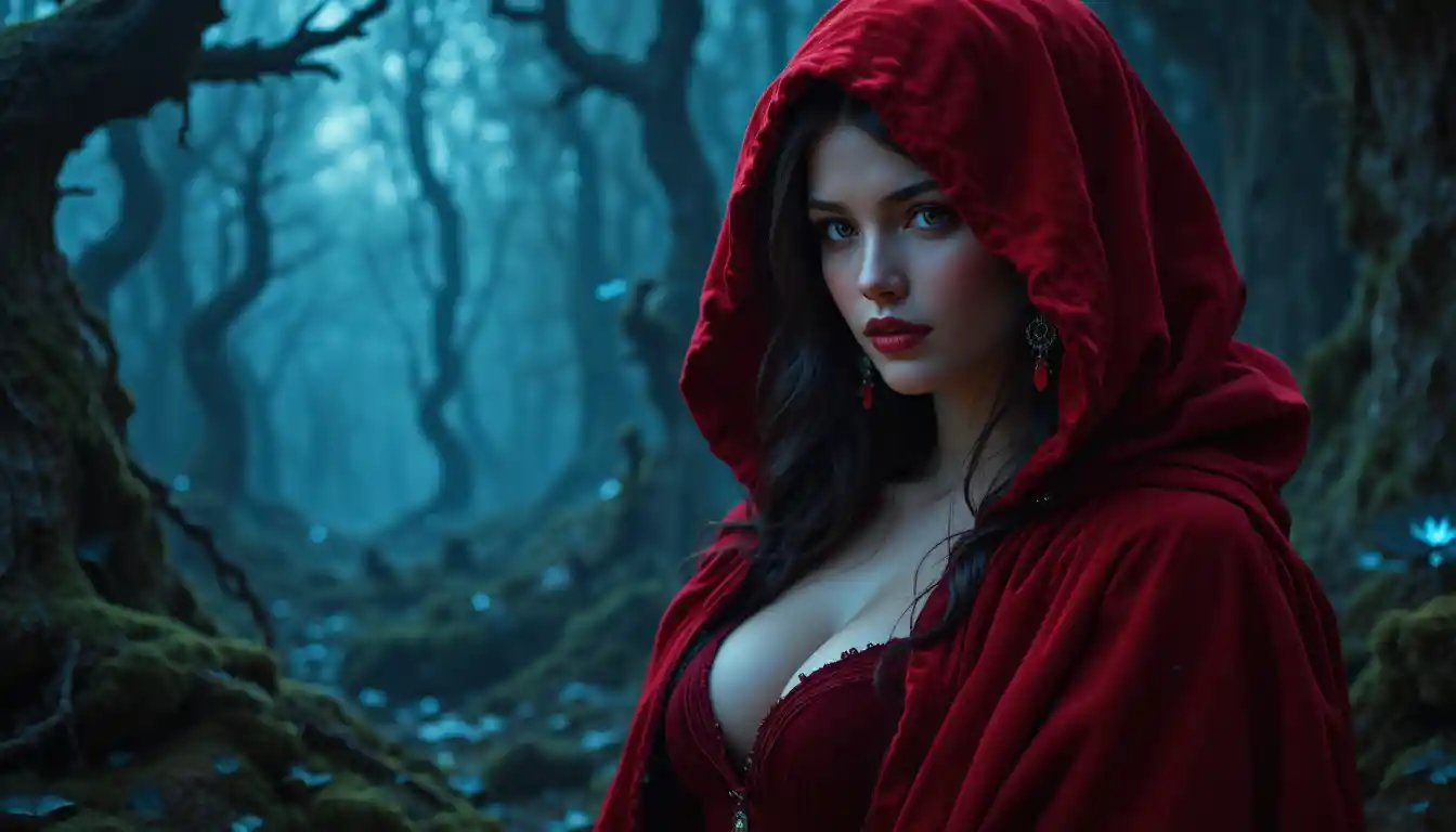 Mystical red hooded woman in a twilight fantasy forest