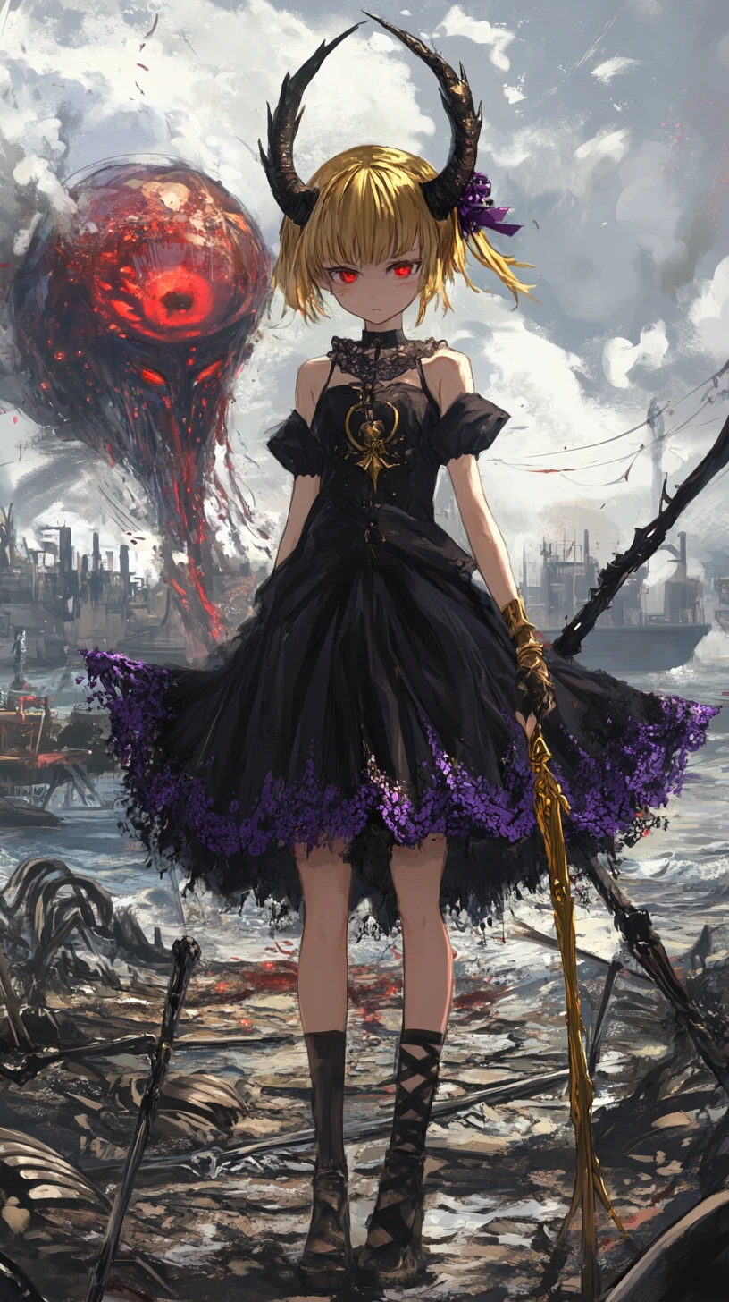 Anime girl in black dress with golden hair and bun