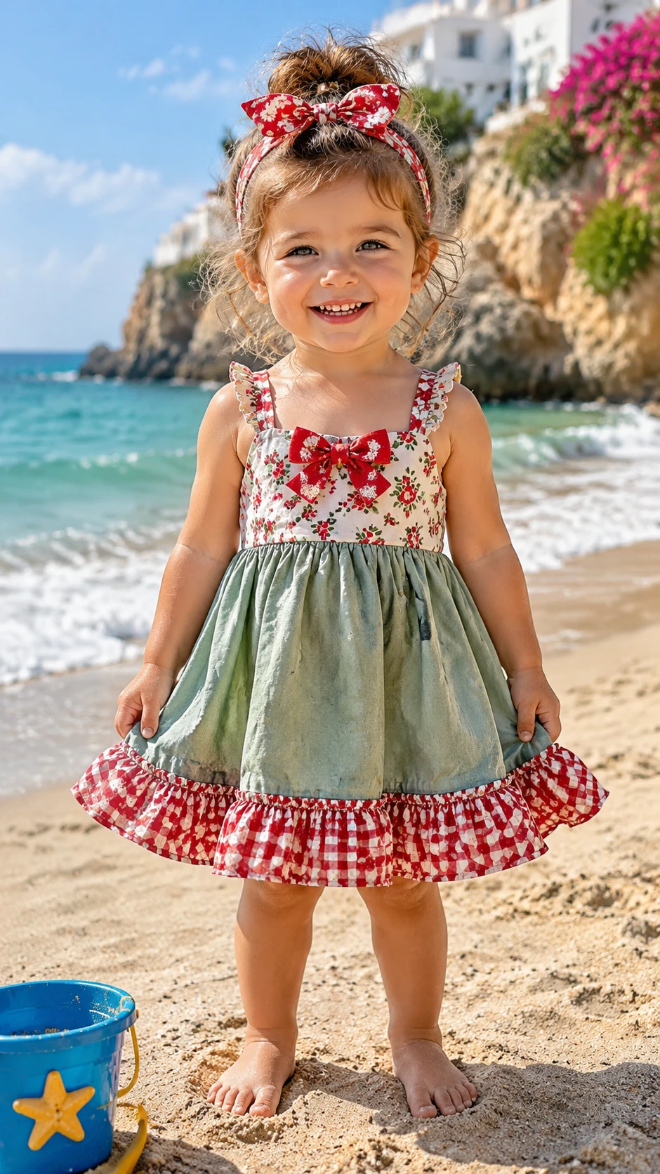 Fillette en bas âge souriante en robe à fleurs sur une plage ensoleillée