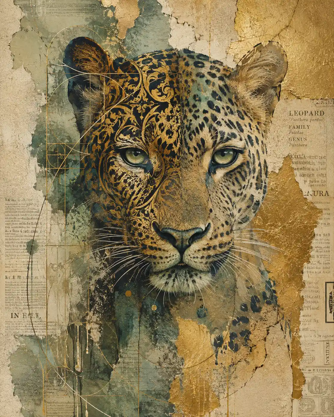 Ritratto di leopardo in mixed media con sfondo dorato astratto