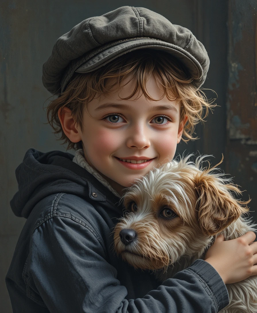 Shy young boy hugging a dog in soft dramatic light