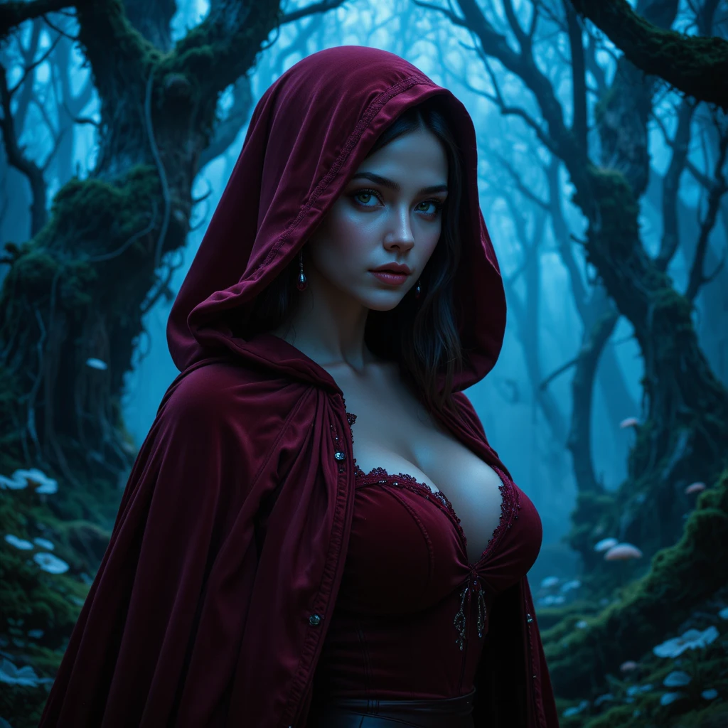 Femme énigmatique en cape rouge dans une forêt mystique au crépuscule